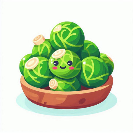 Cute kawaii brussels sprouts in bowl. Vector illustrationのイラスト素材