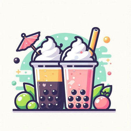 Fruit and berry milkshakes, flat vector illustration.のイラスト素材