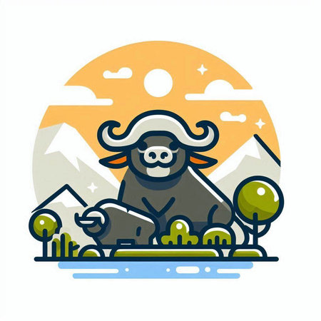 Vector illustration of buffalo in flat style with mountains on the background.のイラスト素材