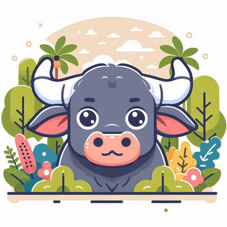 Cute cartoon cow in the jungle. Vector illustration in flat styleのイラスト素材