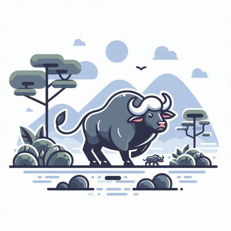 Vector illustration of buffalo in the savannah. Flat style design.のイラスト素材