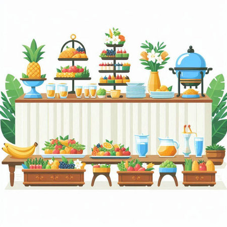 Fruits and vegetables on the table. Vector illustration in cartoon styleのイラスト素材