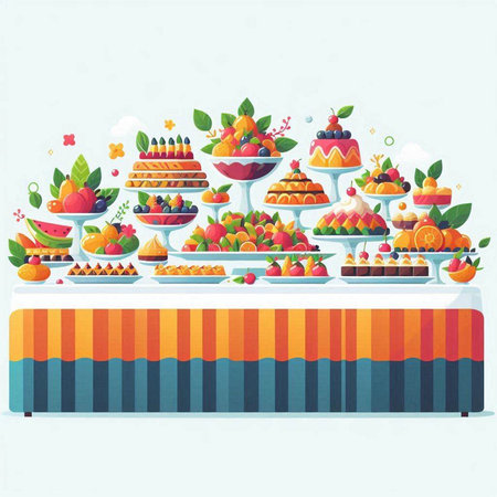 Catering table with cakes and fruits. Flat vector illustration.のイラスト素材
