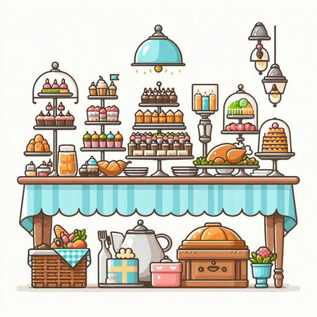 Basket with food and cakes on the table. Vector illustration.のイラスト素材
