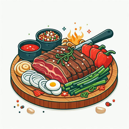 Steak with vegetables and spices on a wooden board. Vector illustration.のイラスト素材