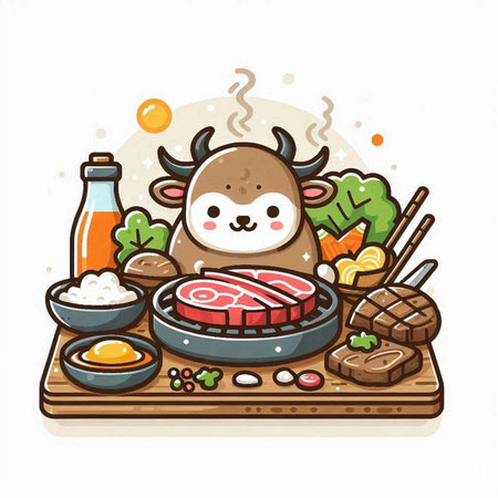 Vector illustration of a cute kawaii deer sitting on a wooden board with chopsticks, vegetables and sauce.のイラスト素材