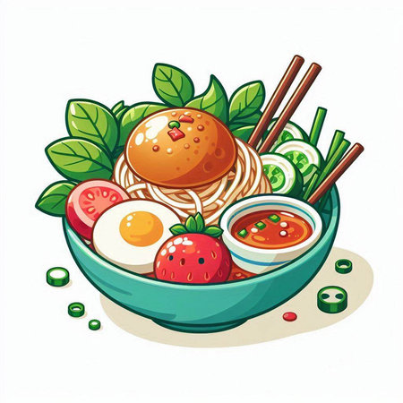 Noodles in bowl with chopsticks and vegetables. Vector illustration.のイラスト素材