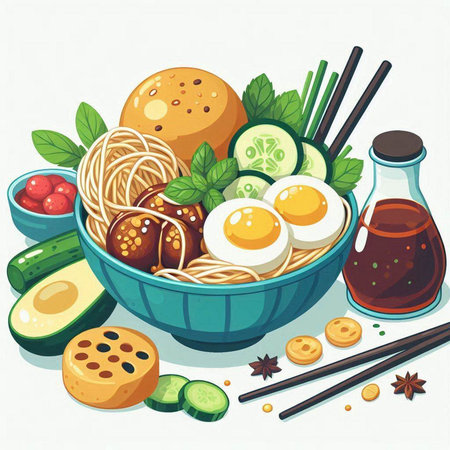 Bowl of noodle soup with egg and vegetables. Vector illustration.のイラスト素材