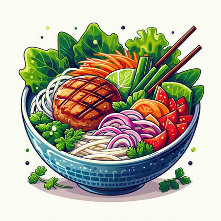 Bowl of noodle with meat and vegetables. Vector illustration.のイラスト素材