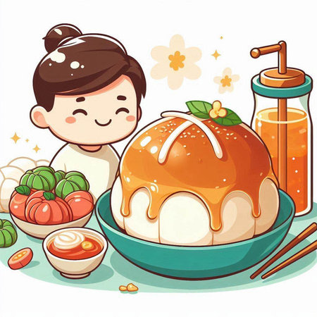 Illustration of a Kid Girl Eating Sushi Rolls with Japanese Sauceのイラスト素材