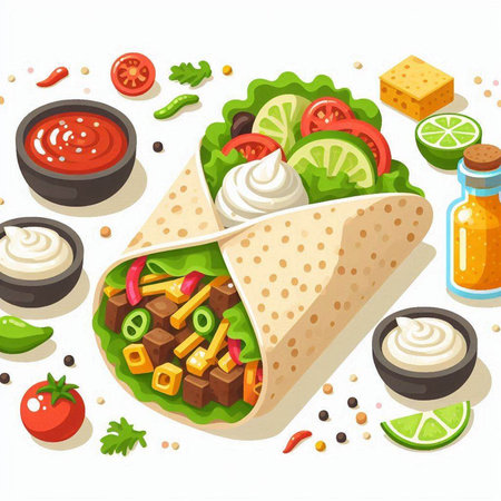 Mexican burrito with meat, vegetables and sauce. Vector illustrationのイラスト素材