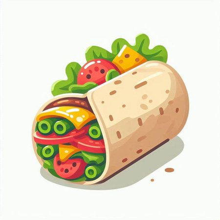 Tortilla with vegetables and meat on a white background. Vector illustration.のイラスト素材