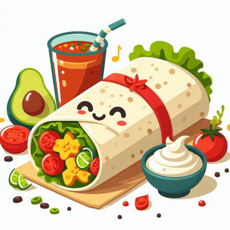 Illustration of a Tortilla Wrap with Avocado, Tomato, Cucumber and Cheeseのイラスト素材