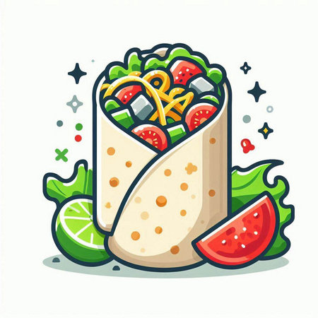 Tortilla wrap with fresh fruits and vegetables. Vector illustration.のイラスト素材
