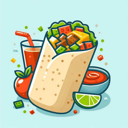 Vector illustration of mexican fast food. Taco with vegetables and fruits.のイラスト素材