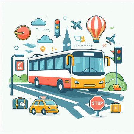Vector illustration of city transport. Bus, taxi, train, bus, car, traffic light and other elementsのイラスト素材