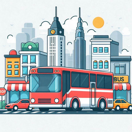 Bus on the city street. Vector illustration in flat design style.のイラスト素材