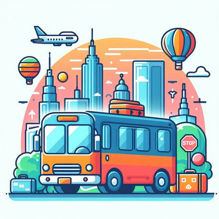 Modern flat design vector illustration of travel and transportation concept with bus, cityscape and skyscrapersのイラスト素材