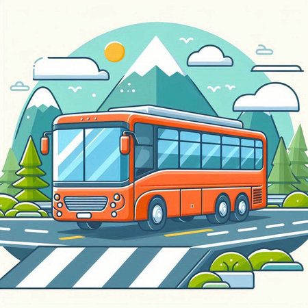 Bus on the road in the mountains. Vector illustration in flat styleのイラスト素材