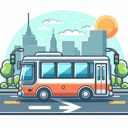Bus on the road in the city. Vector illustration in flat styleのイラスト素材