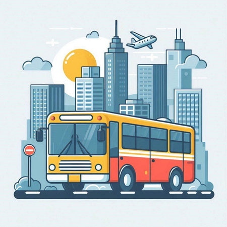 City bus on the background of the modern city. Vector illustration.のイラスト素材
