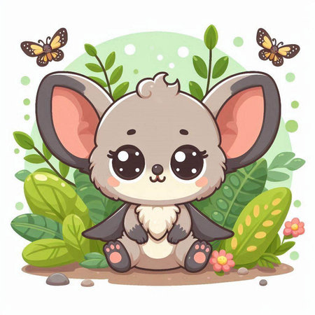 Cute cartoon mouse with green leaves and butterflies, vector illustration.のイラスト素材