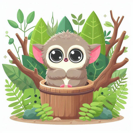 Cute cartoon owl sitting in a wooden barrel. Vector illustration.のイラスト素材