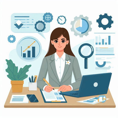 Business woman working at office with laptop and documents. Vector illustration.のイラスト素材