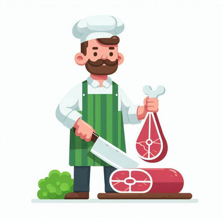 Chef with meat and knife. Vector illustration in cartoon style.のイラスト素材
