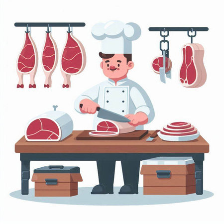 Butcher cutting meat in the kitchen. Vector illustration in cartoon styleのイラスト素材