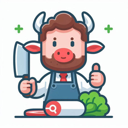 Cute cartoon farm worker with knife and meat. Vector illustration.のイラスト素材
