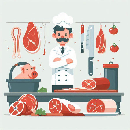 Butcher with meat. Butcher shop. Vector illustration in flat styleのイラスト素材