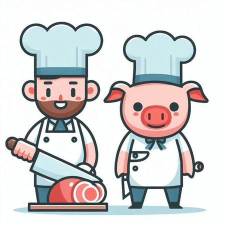 Chef and pig cartoon characters. Vector illustration of a chef and pigのイラスト素材