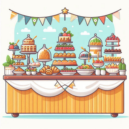Candy bar with sweets and cakes. Vector illustration in cartoon styleのイラスト素材