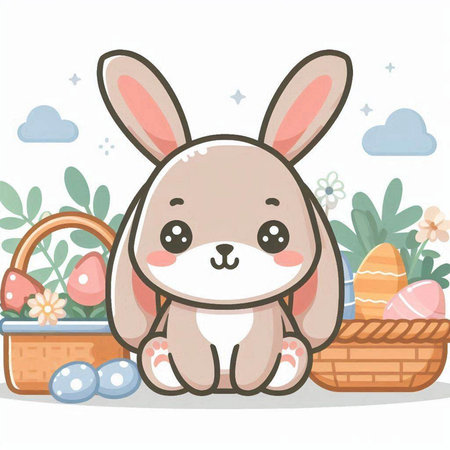 Cute bunny with basket of easter eggs. Vector illustration.のイラスト素材