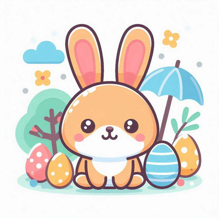 Cute cartoon bunny with easter eggs and spring flowers. Vector illustration.のイラスト素材
