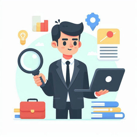 Businessman with laptop and magnifying glass. Search for information. Vector illustrationのイラスト素材