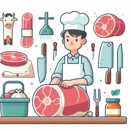 Butcher shop with meat products. Vector illustration in cartoon style.のイラスト素材