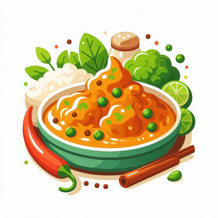 Illustration of a bowl of spicy curry with rice, green peas and chili pepper.のイラスト素材
