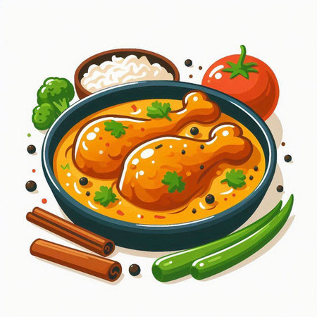 Illustration of chicken curry with rice and vegetables on white background.のイラスト素材