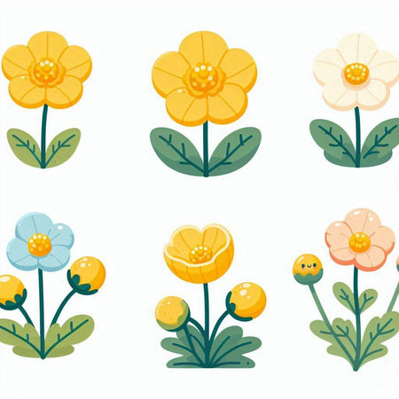 Set of cute cartoon flowers. Vector illustration. Isolated on white background.のイラスト素材
