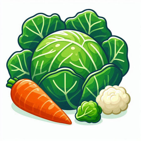 Illustration of a fresh cabbage and carrot on a white background.のイラスト素材