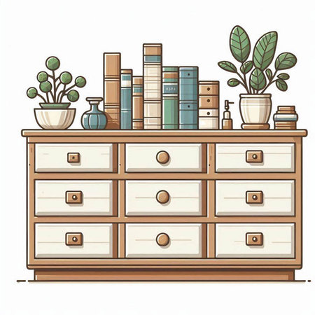 Vector illustration of a chest of drawers with books and plants.のイラスト素材