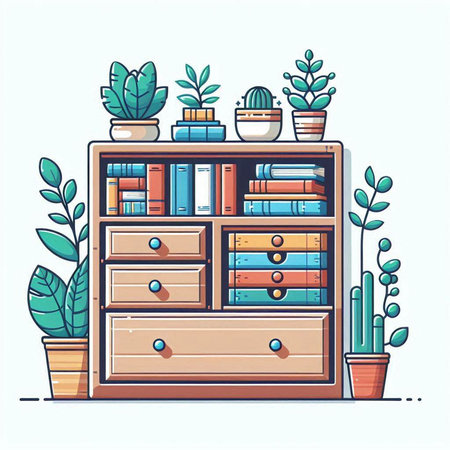 Cabinet with books and plants. Flat design vector illustration.のイラスト素材