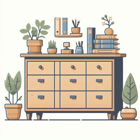 Vector illustration of a wooden chest of drawers with plants and booksのイラスト素材