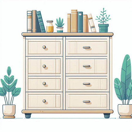 Vector illustration of a chest of drawers with books and plants.のイラスト素材