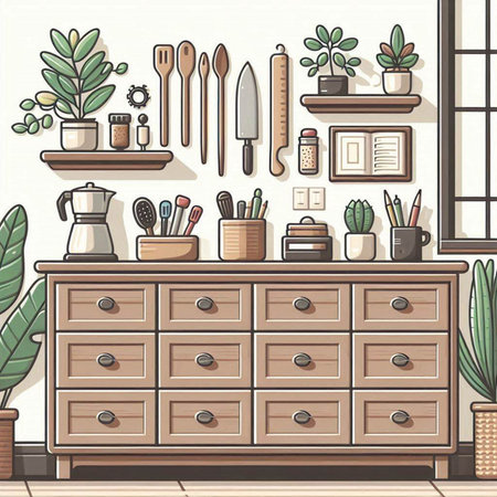 Interior of the kitchen with furniture and plants. Vector illustration.のイラスト素材