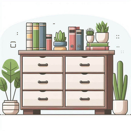 Illustration of a chest of drawers with books and potted plantsのイラスト素材