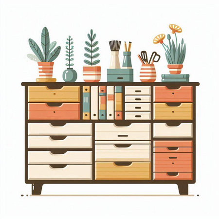 Cabinet with books and plants. Vector illustration in flat styleのイラスト素材