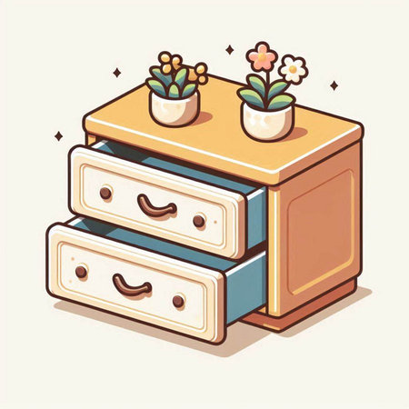 Illustration of a chest of drawers with flowers in a vaseのイラスト素材